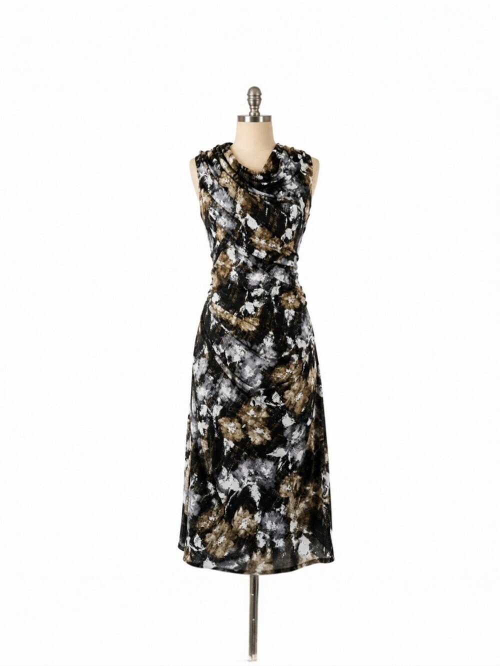 Suzi Chin Size 8 Ruched Midi Dress Made in USA Abstract Print Cowl Neck